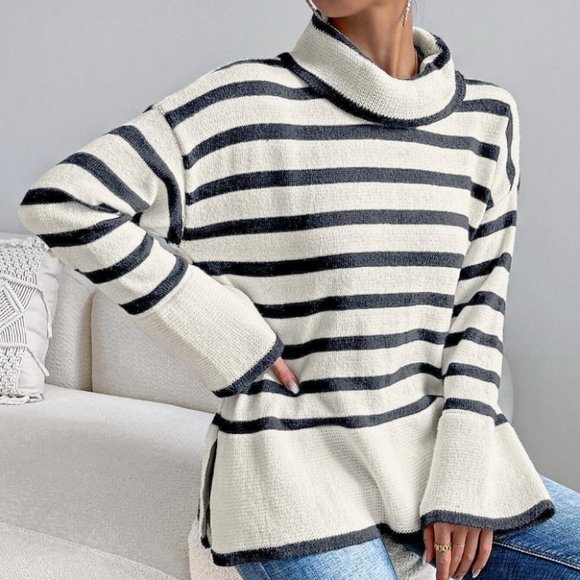 White Preppy Womens Striped Pattern High Neck Split Hem Sweater - Picture 2 of 5